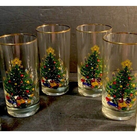 Set of 4 VINTAGE CHRISTMAS TREE 5.5" 12 OZ GOLD RIM TUMBLER GLASS - Picture 2 of 4